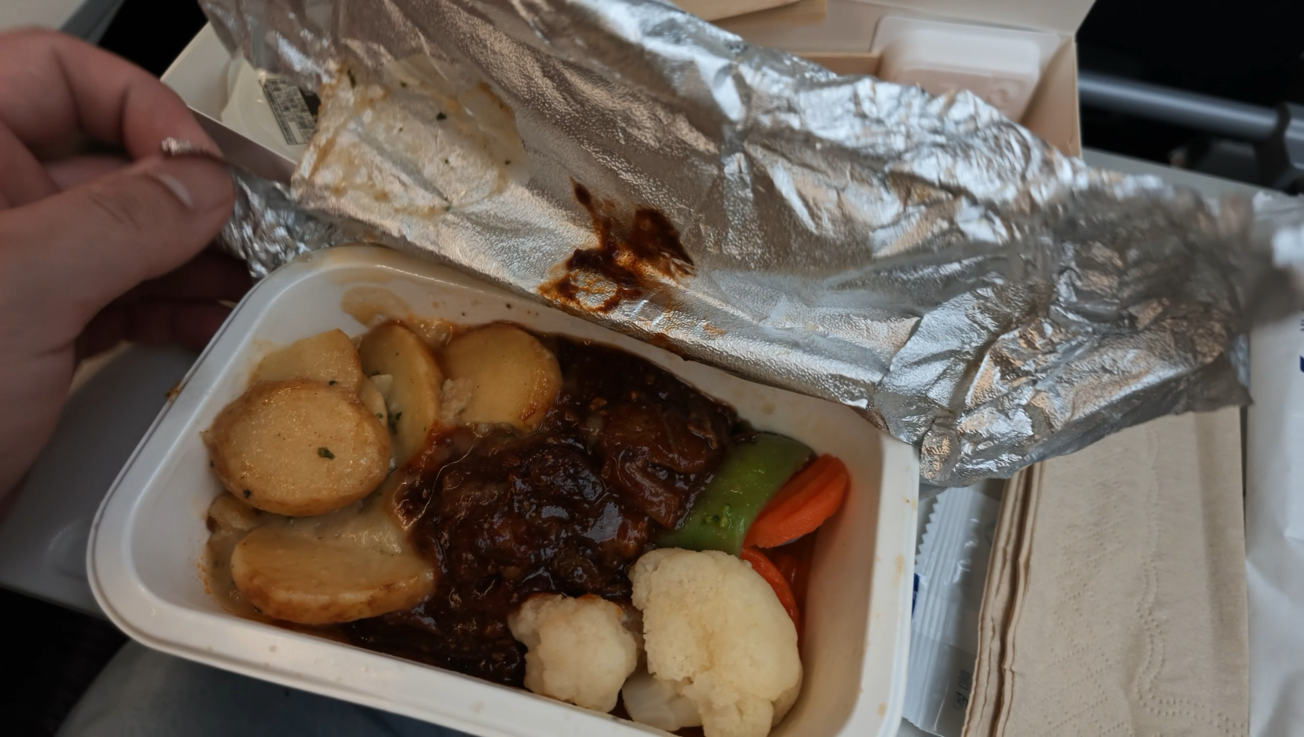 帰りの機内食のビーフストロガノフ。ソースのかかった牛肉に、じゃがいもやにんじん、カリフラワーが添えられている