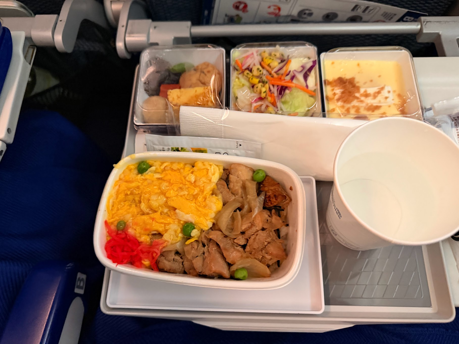 飛行機の座席テーブルに置かれた機内食。メインはふわふわの卵がのった親子丼で、サイドにはサラダ、デザート、揚げ物の小鉢が添えられている