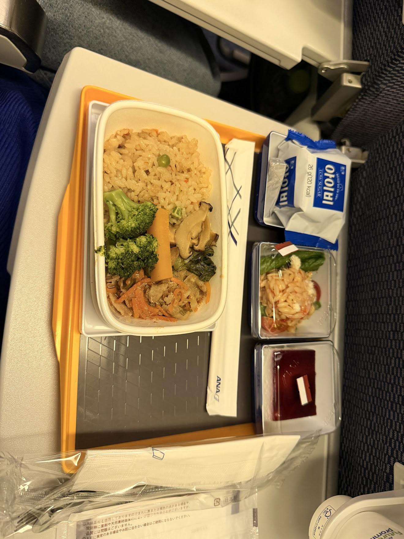 帰りの便の機内食。ブロッコリーときのこの炒め物にご飯、小鉢のナムルやデザートがコンパクトなトレーに収まっている。韓国旅行の締めくくりの一食
