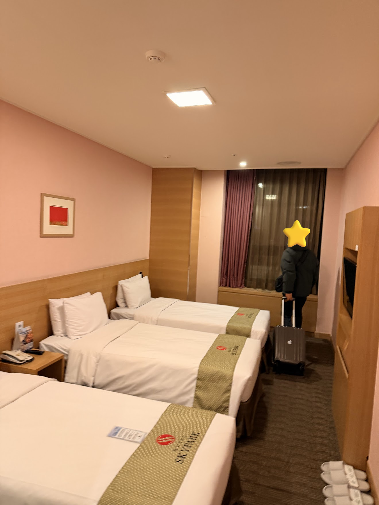 ホテル スカイパーク セントラル明洞のトリプルルーム。ピンクの壁にベッドが3台並び、スーツケースを引いて窓の方へ向かう友人の後ろ姿
